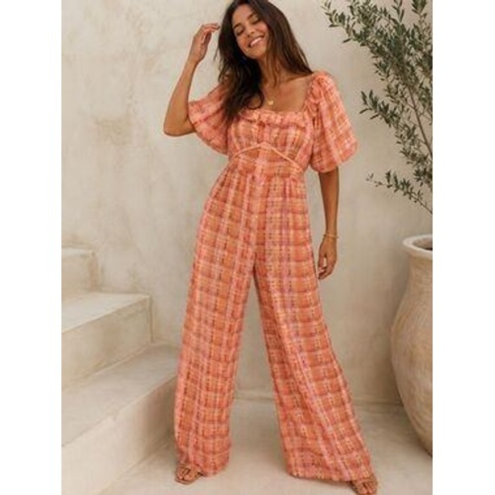 ASOS Pink Coquette Plaid Wide Leg Cottagecore Bardot Jumpsuit Puff Sleeve Sz 8